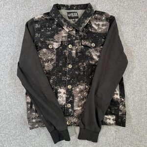 Rude Mens XS Denim Jacket Acid Wash Splatter Black Jersey Sleeve Streetwear